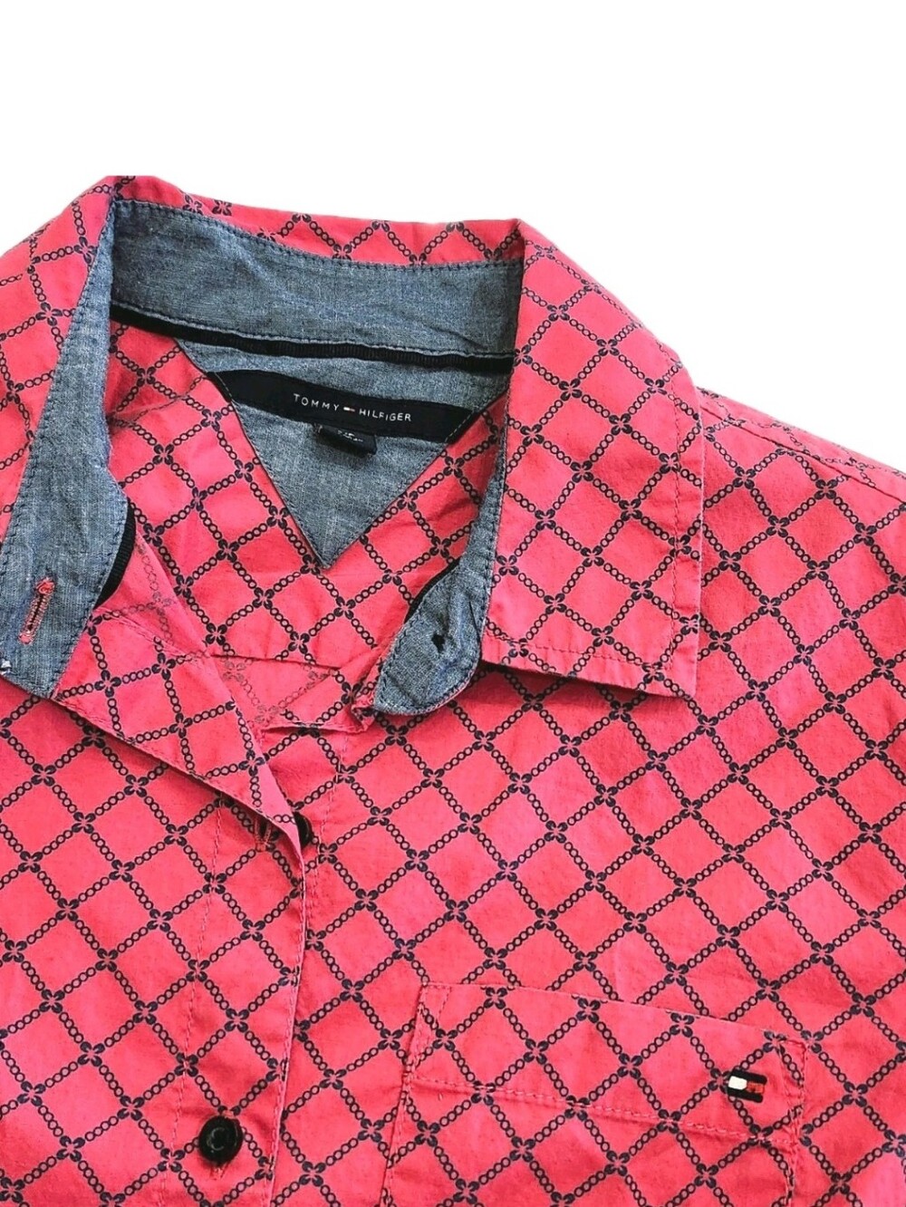 Tommy Hilfiger Women's Pink & Navy Button Geometric Cotton Shirt, Size Small